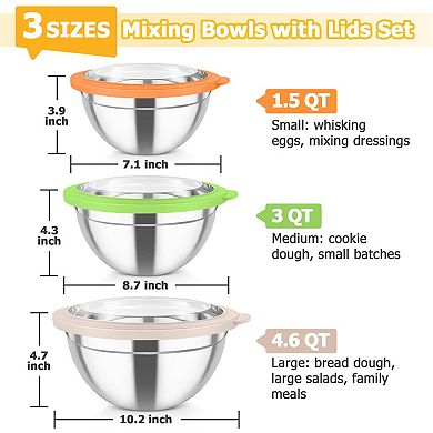 3 pcs Stainless Steel Nesting Mixing Bowls With Airtight Lids 4.5/3/1.5 Qt