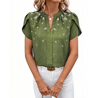 Women's Petal Short Sleeve Blouse Casual Dressy Floral Embroidered Split V Neck Top