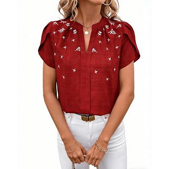 Women's Petal Short Sleeve Blouse Casual Dressy Floral Embroidered Split V Neck Top