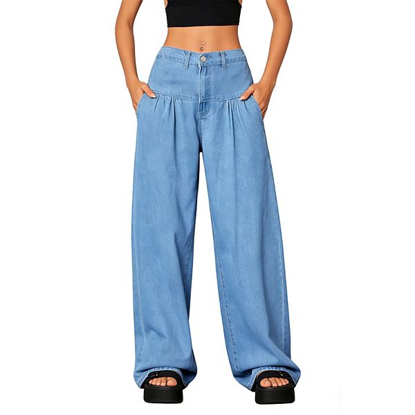 Women's Oversized Wide Leg Jeans with Pleated Front - High Waisted