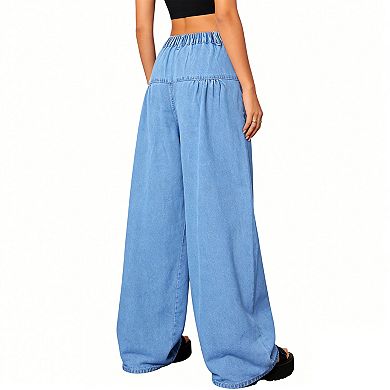 Women's Oversized Wide Leg Jeans with Pleated Front - High Waisted Baggy Denim Pants