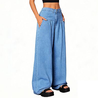 Women's Oversized Wide Leg Jeans with Pleated Front - High Waisted Baggy Denim Pants