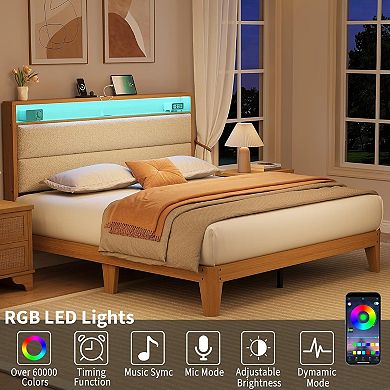 Boucle Bed Frame with LED Lights & Charging Station