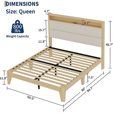 Boucle Bed Frame with LED Lights & Charging Station