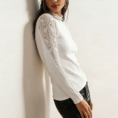 Women's Lace Patchwork Mock Neck Top Long Sleeve Ribbed Knit Blouse Sheer Lace Sleeve Fitted Top