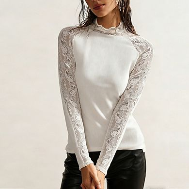 Women's Lace Patchwork Mock Neck Top Long Sleeve Ribbed Knit Blouse Sheer Lace Sleeve Fitted Top