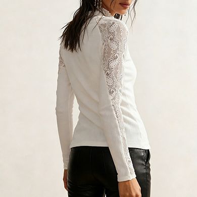 Women's Lace Patchwork Mock Neck Top Long Sleeve Ribbed Knit Blouse Sheer Lace Sleeve Fitted Top