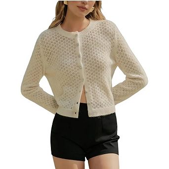 Women's Cropped Sweater Cardigan Long Sleeve Crewneck Basic Casual Button Down Crochet Knit Top