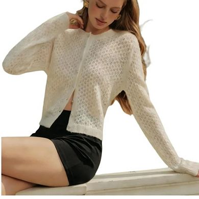 Women's Cropped Sweater Cardigan Long Sleeve Crewneck Basic Casual Button Down Crochet Knit Top