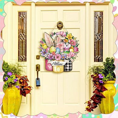 Happy Easter Wooden Door Sign Bunny & Egg Hanging Decor Durable Reusable