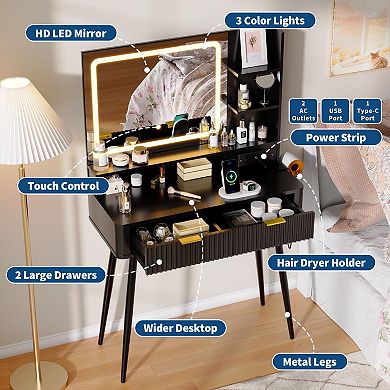 Makeup Vanity Desk with Lighted Mirror, Dressing Table with 2 Drawers and Built-in Power Outlet