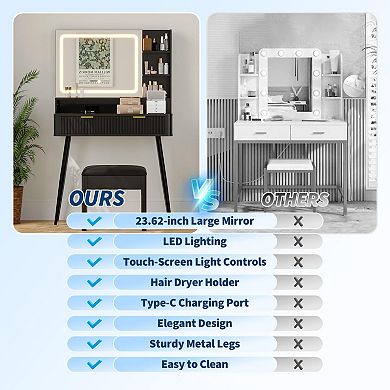 Makeup Vanity Desk with Lighted Mirror, Dressing Table with 2 Drawers and Built-in Power Outlet