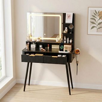 Makeup Vanity Desk with Lighted Mirror, Dressing Table with 2 Drawers and Built-in Power Outlet