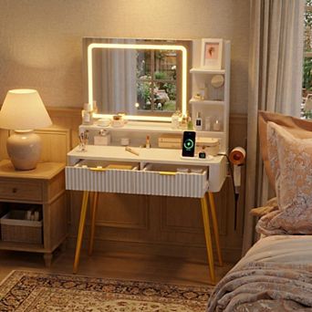 Makeup Vanity Desk with Lighted Mirror, Dressing Table with 2 Drawers and Built-in Power Outlet