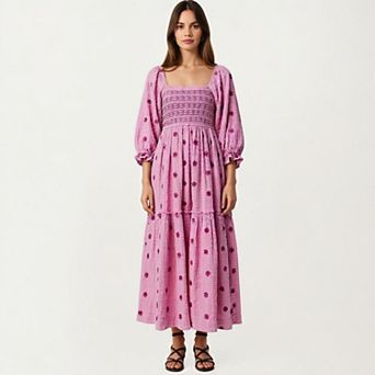 Women's Smocked Square Neck Maxi Dress with Embroidered Floral Pattern Puff Sleeves