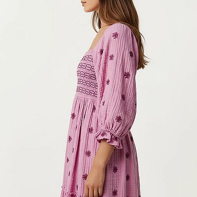 Women's Smocked Square Neck Maxi Dress with Embroidered Floral Pattern Puff Sleeves