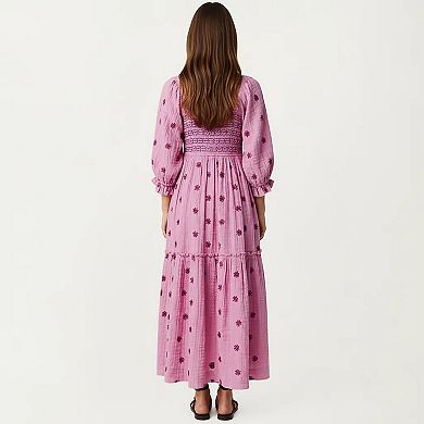 Women's Smocked Square Neck Maxi Dress with Embroidered Floral Pattern Puff Sleeves