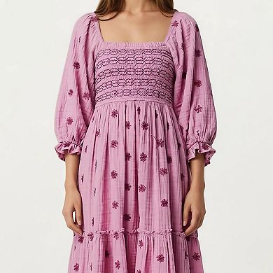 Women's Smocked Square Neck Maxi Dress with Embroidered Floral Pattern Puff Sleeves