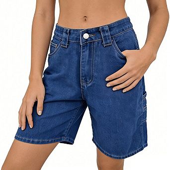 Women's Denim Shorts High Rise Star Embroidered Back Pocket Relaxed Fit Shorts