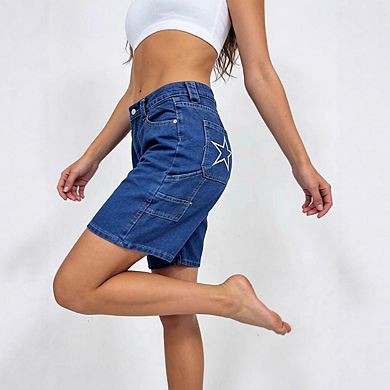 Women's Denim Shorts High Rise Star Embroidered Back Pocket Relaxed Fit Shorts