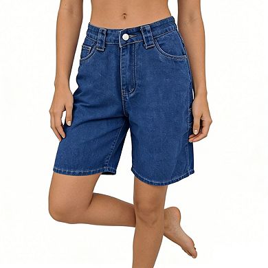 Women's Denim Shorts High Rise Star Embroidered Back Pocket Relaxed Fit Shorts