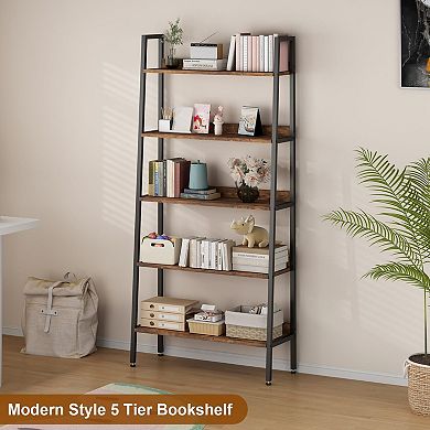 5 Tier Bookshelf, Storage Organizer with Open Shelves, Wood Bookcase with Metal Frame