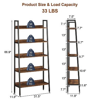 5 Tier Bookshelf, Storage Organizer with Open Shelves, Wood Bookcase with Metal Frame