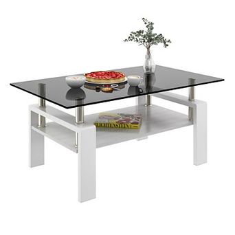 KWPZQEB Rectangle Coffee Table, Tempered Glass Tea Table with Lower Shelf for Living Room