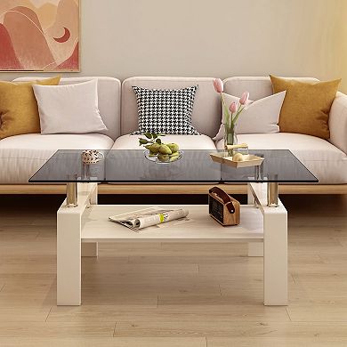 KWPZQEB Rectangle Coffee Table, Tempered Glass Tea Table with Lower Shelf for Living Room
