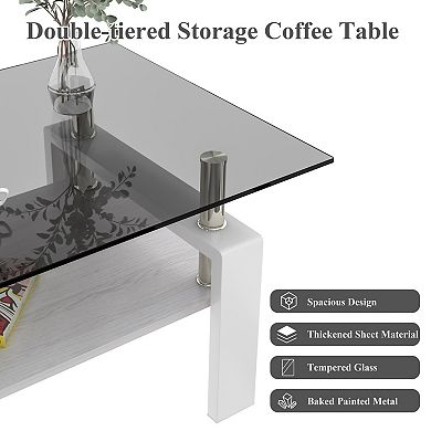 KWPZQEB Rectangle Coffee Table, Tempered Glass Tea Table with Lower Shelf for Living Room