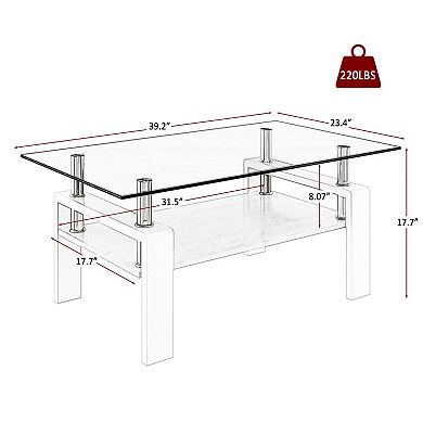 KWPZQEB Rectangle Coffee Table, Tempered Glass Tea Table with Lower Shelf for Living Room