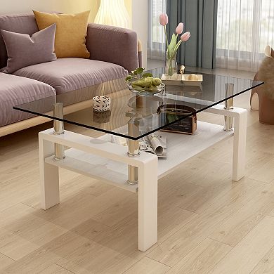 KWPZQEB Rectangle Coffee Table, Tempered Glass Tea Table with Lower Shelf for Living Room
