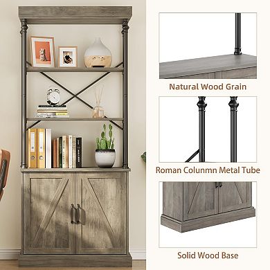 Tall Bookshelf with Doors, Industrial Storage Open Rack Shelf, Wood and Metal Bookcase