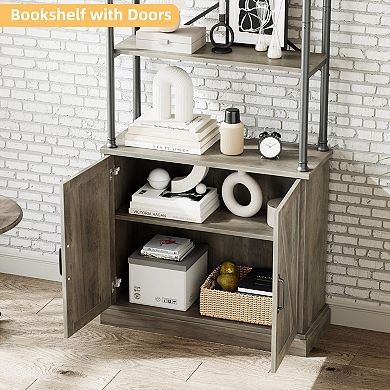 Tall Bookshelf with Doors, Industrial Storage Open Rack Shelf, Wood and Metal Bookcase