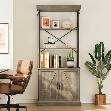 Tall Bookshelf with Doors, Industrial Storage Open Rack Shelf, Wood and Metal Bookcase