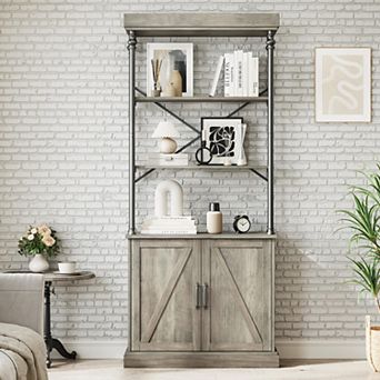 Tall Bookshelf with Doors, Industrial Storage Open Rack Shelf, Wood and Metal Bookcase