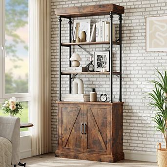 Tall Bookshelf with Doors, Industrial Storage Open Rack Shelf, Wood and Metal Bookcase