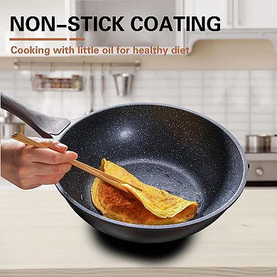 12” Nonstick Wok With Lid Granite Stone Coating Induction Compatible Pfoa Free