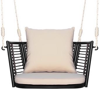 Single Rattan Hanging Chair with Woven Backrest for Backyard
