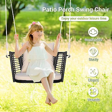 Single Rattan Hanging Chair with Woven Backrest for Backyard