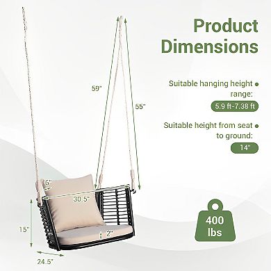 Single Rattan Hanging Chair with Woven Backrest for Backyard