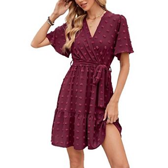Women's Summer Swiss Dot Wrap V-Neck Ruffle Mini Dress Flutter Short Sleeve Belt Short Boho Dress