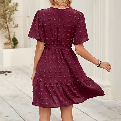 Women's Summer Swiss Dot Wrap V-Neck Ruffle Mini Dress Flutter Short Sleeve Belt Short Boho Dress