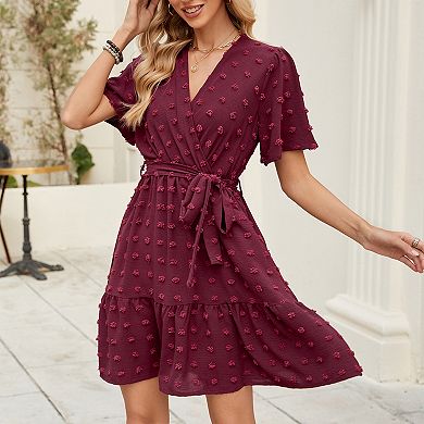 Women's Summer Swiss Dot Wrap V-Neck Ruffle Mini Dress Flutter Short Sleeve Belt Short Boho Dress