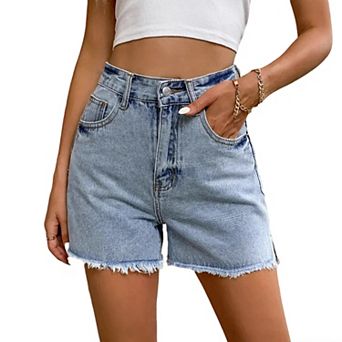 Women's Light Wash High Waist Frayed Denim Shorts Summer Casual Vintage Side Split Shorts Jeans
