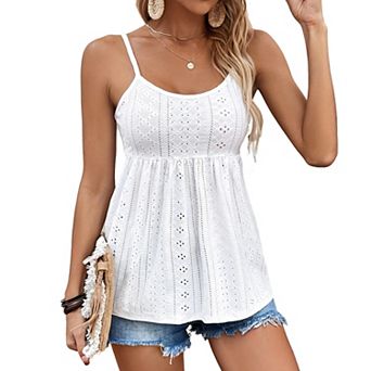 Women's Summer Eyelet Lace Babydoll Cami Top Casual Flowy Spaghetti Strap Shirt Swing Boho Blouse