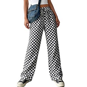 Women's Checkerboard Print Wide Leg Pants with Pockets - Elastic Waist Casual Summer Lounge Pants