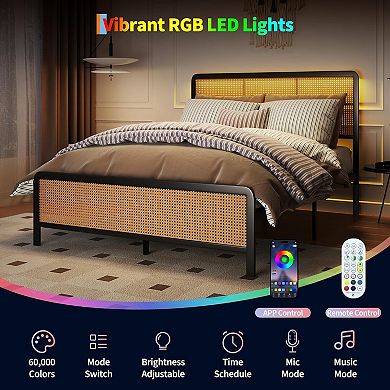 Bed Frame with LED Lights, Boho Platform Frame