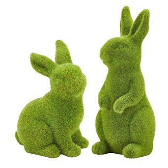 2 pc Moss Flocked Bunny Figurines Spring Table Easter