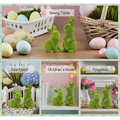 2PC Moss Flocked Bunny Figurines Spring Table Easter
